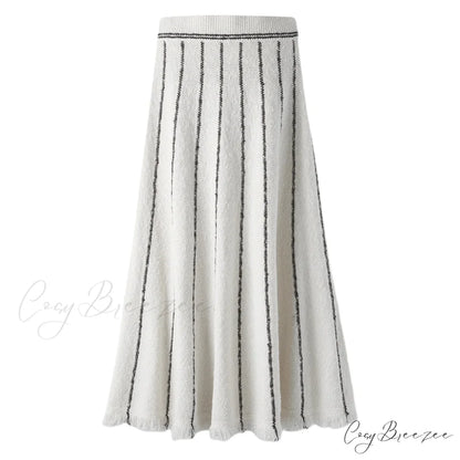 Striped Casual Vintage Elastic Waist Tassel Skirt WHITE / S