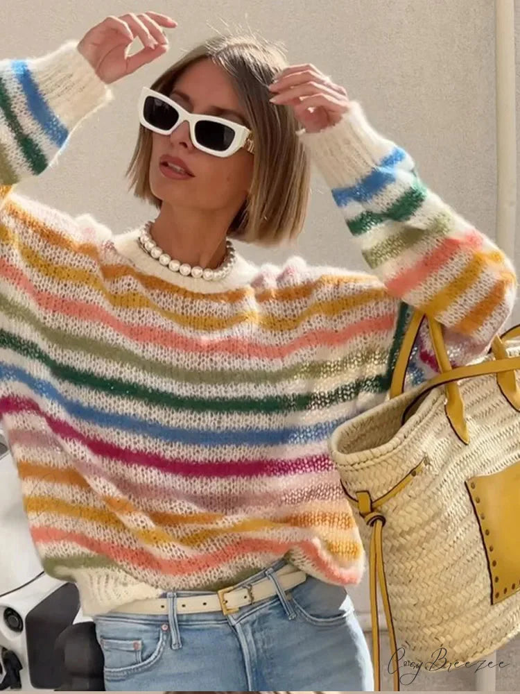 Striped Colorful Round Neck Sweater Multi Color / S swraters-241228