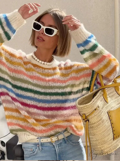 Striped Colorful Round Neck Sweater Multi Color / S swraters-241228