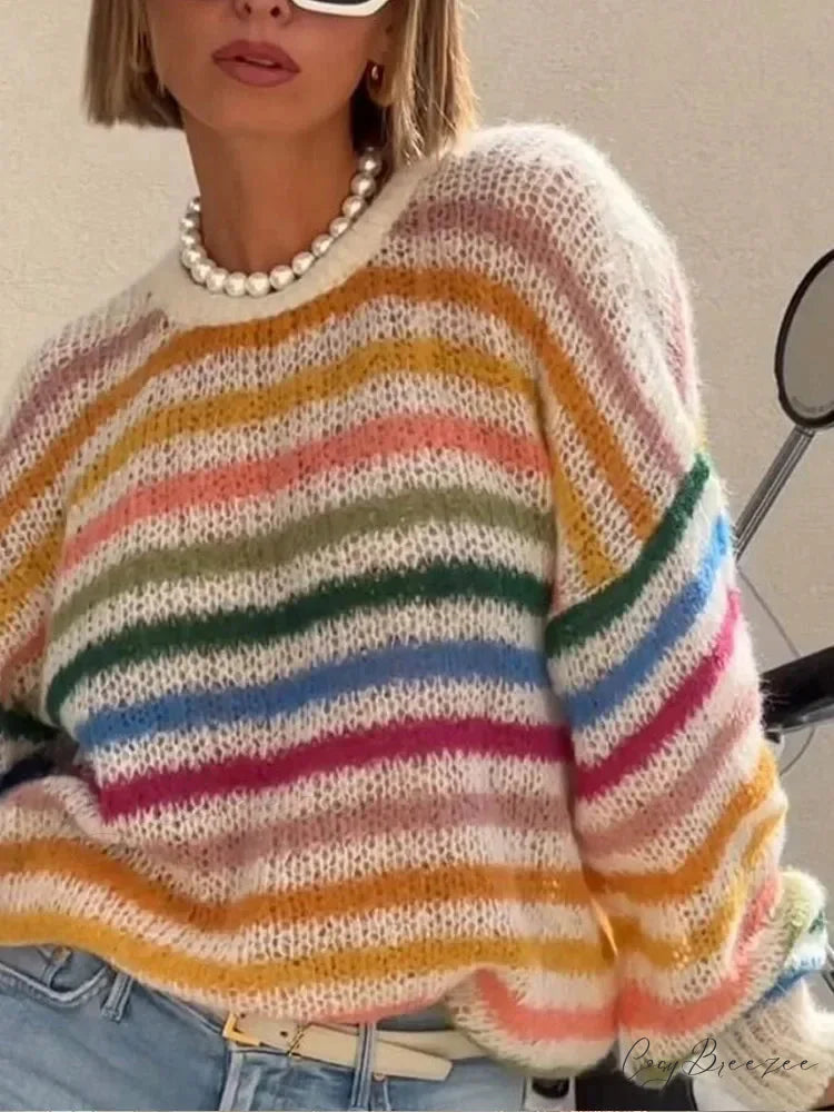 Striped Colorful Round Neck Sweater swraters-241228