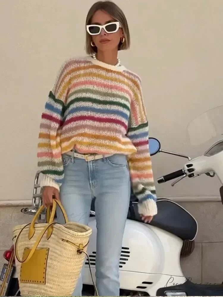 Striped Colorful Round Neck Sweater swraters-241228