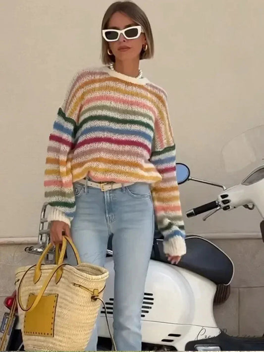Striped Colorful Round Neck Sweater swraters-241228