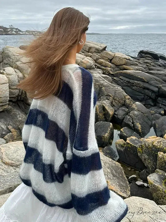 Striped Contrast V-neck Loose Cardigan cardigans-241228
