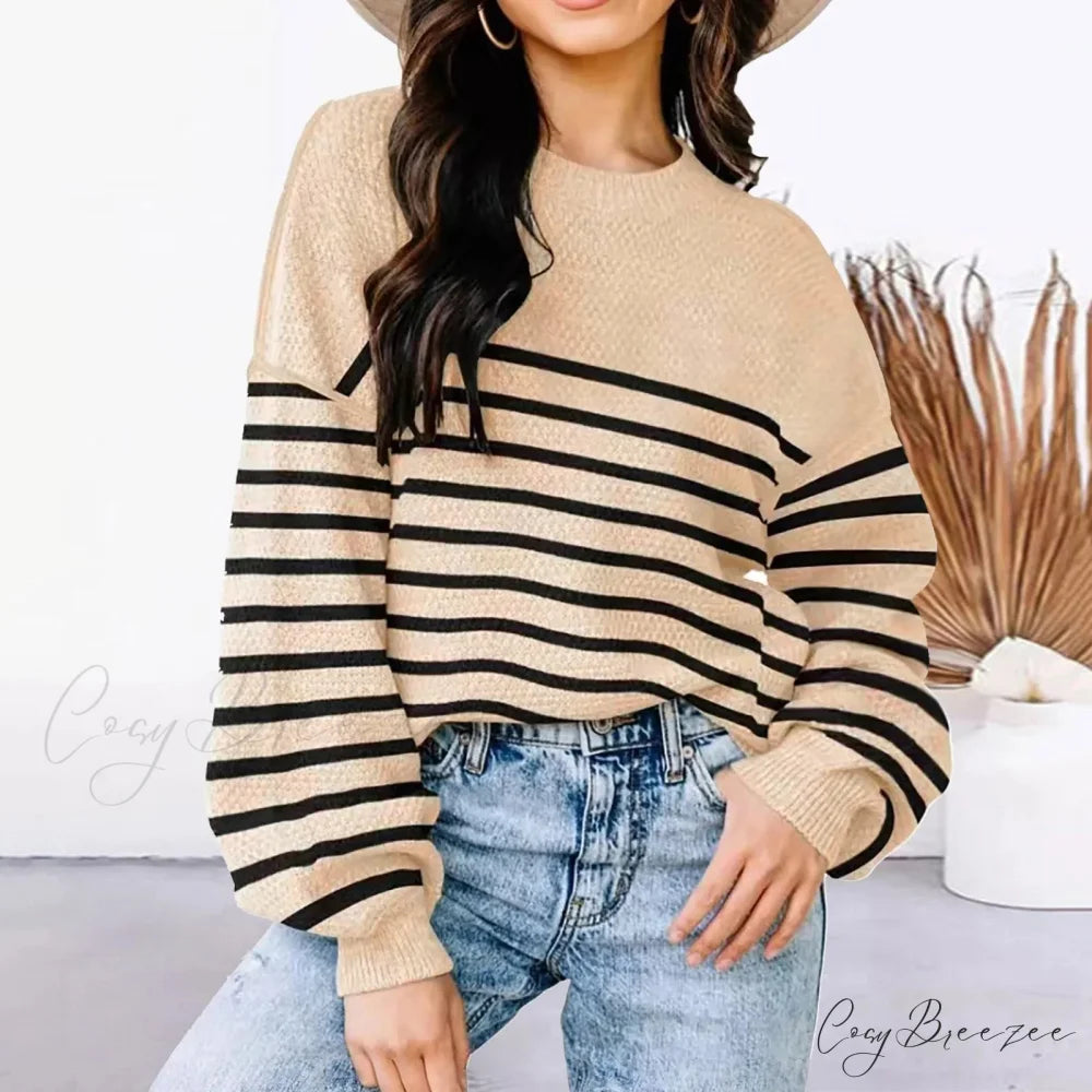 Striped Cozy Casual Knitting Loose Long Sleeve Comfortable Stylish Autumnal Sweater Khaki / S
