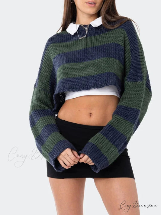 Striped Crew Neck Loose Sweater Green / S swraters-241228
