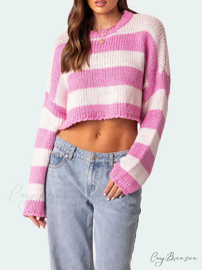 Striped Crew Neck Loose Sweater Pink / S swraters-241228
