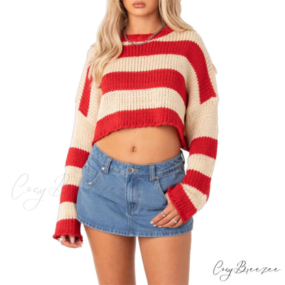 Striped Crew Neck Loose Sweater Red / S swraters-241228