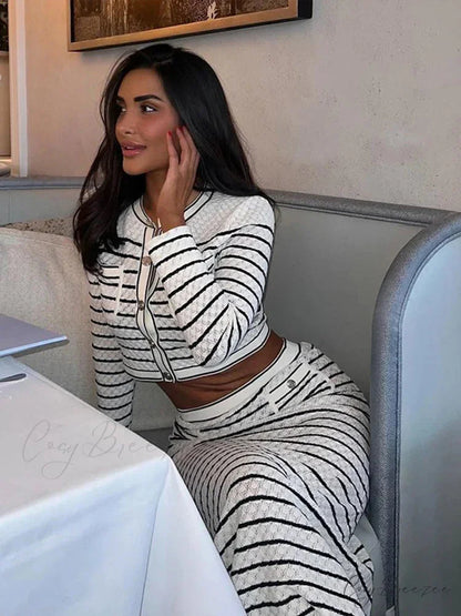 Striped Cutout Knit High Waist Work Set officetwopieceset-250223