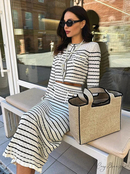 Striped Cutout Knit High Waist Work Set officetwopieceset-250223