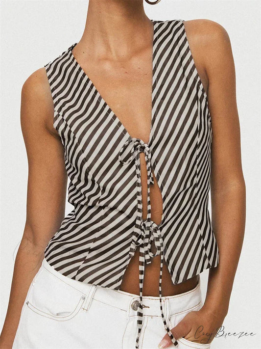 Striped Deep V-neck Tie-up Office Crop Top BLACK / S croptop-250126
