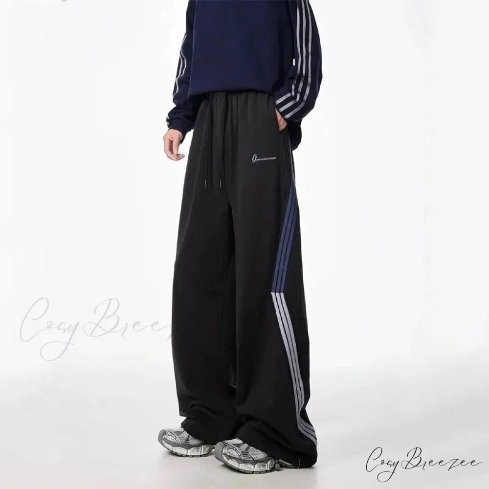Striped Drawstring Vintage High Waist Pants Black / M pants-241228