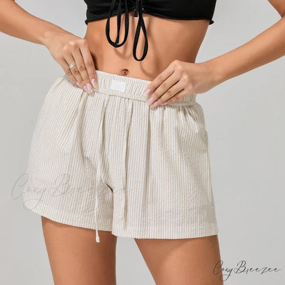 Striped Drawstring Wide-Leg Shorts white / XS short-250223