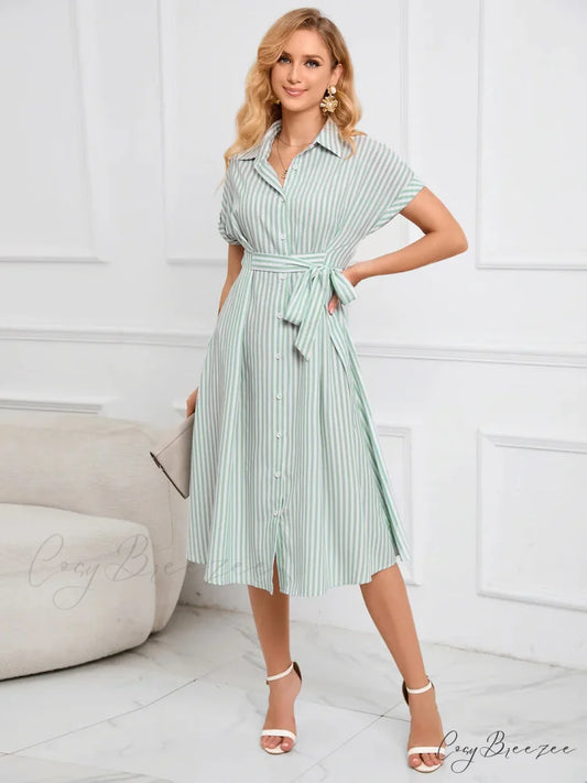 Striped Dress with Belt - Lapel V-Neck