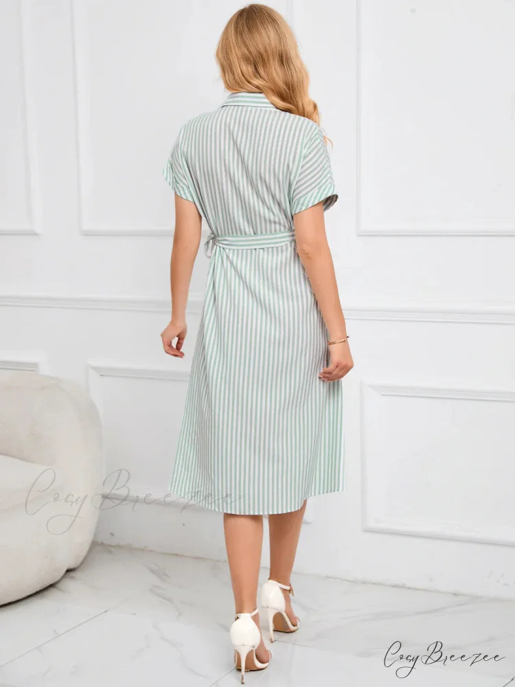Striped Dress with Belt - Lapel V-Neck