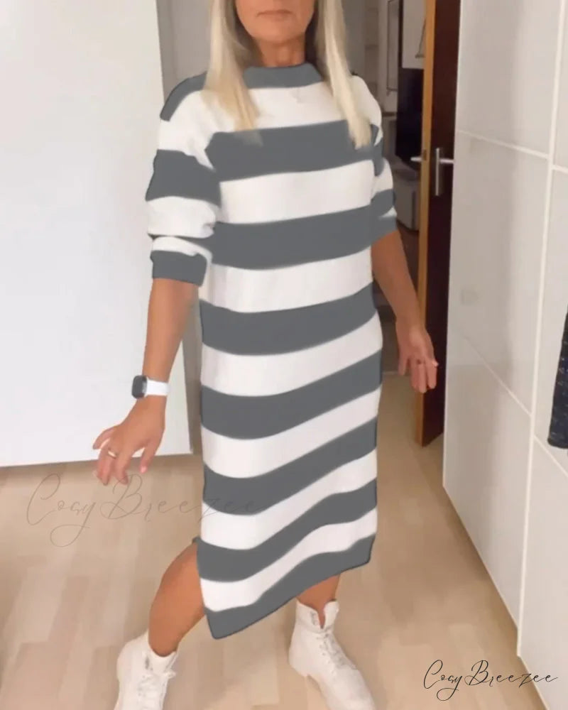 Striped Dress with Round Neck Gray / S