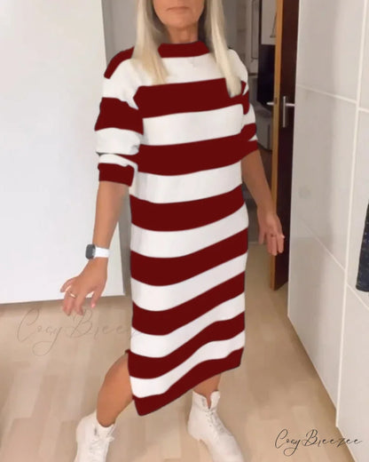 Striped Dress with Round Neck Red / S