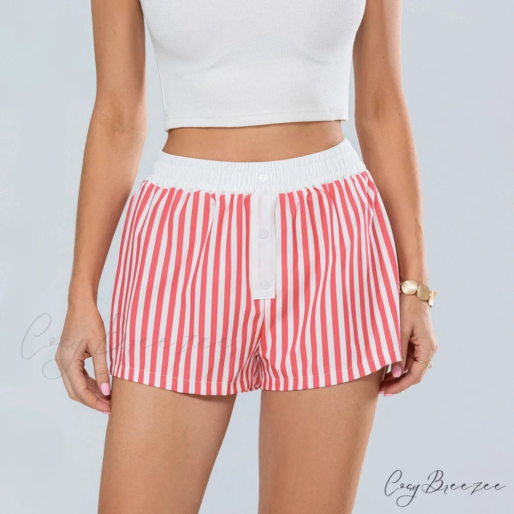 Striped Elastic Waist Loose Shorts Red / S short-250223