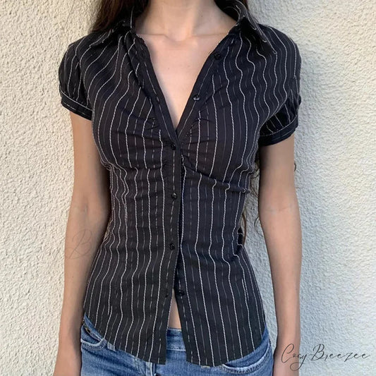 Striped French Button-up Collar Elegant Blouse black / S blouse-250126