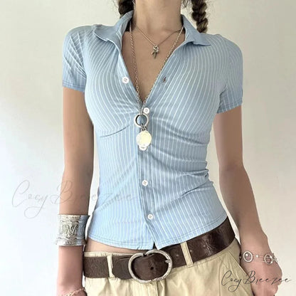Striped French Button-up Collar Elegant Blouse blue / S blouse-250126