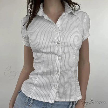 Striped French Button-up Collar Elegant Blouse white / S blouse-250126