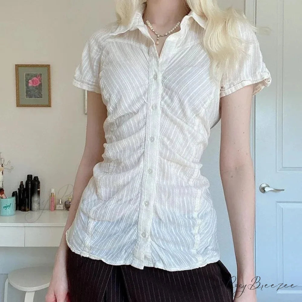 Striped French Button-up Collar Elegant Blouse white1 / S blouse-250126