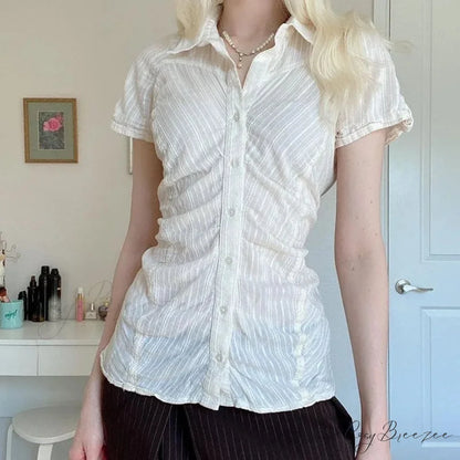 Striped French Button-up Collar Elegant Blouse white1 / S blouse-250126