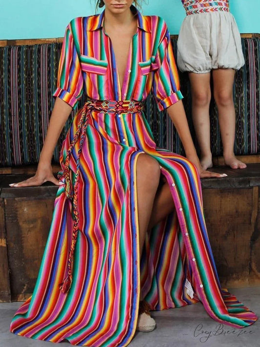 Striped Full-Length Bohemia Dress S / Rainbow