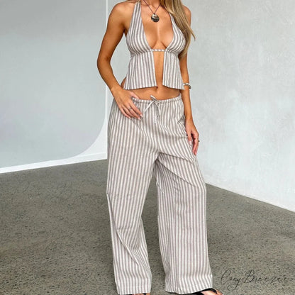 Striped Halter Backless Crop Top white / S croptop-250223