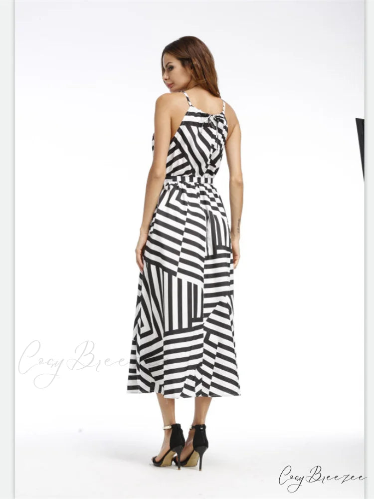 Striped Halter Empire Waist Dress in Black and White