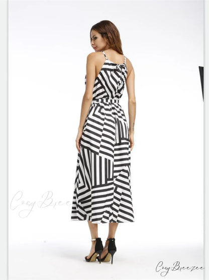 Striped Halter Empire Waist Dress in Black and White