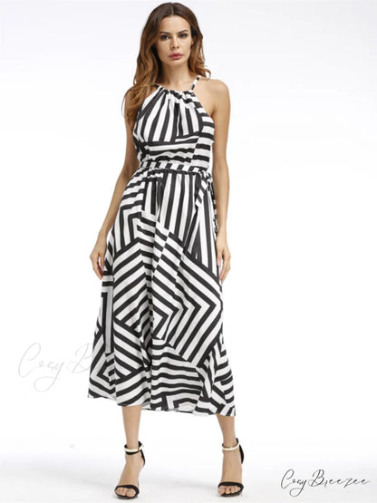 Striped Halter Empire Waist Dress in Black and White