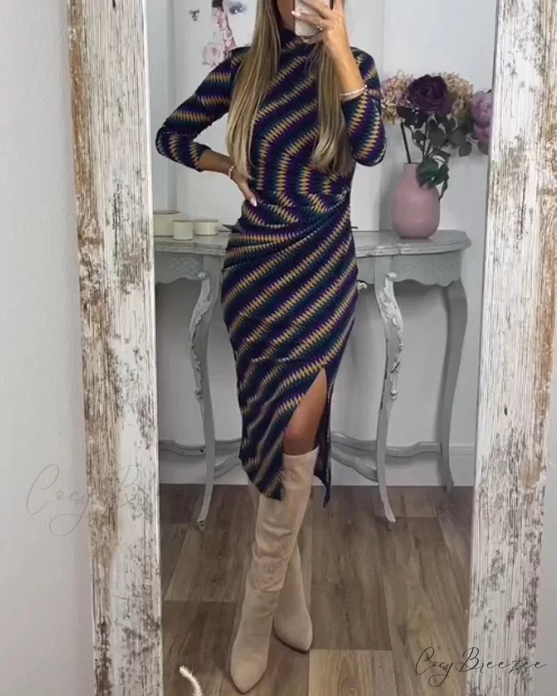Striped High Neck Dress Blue / S