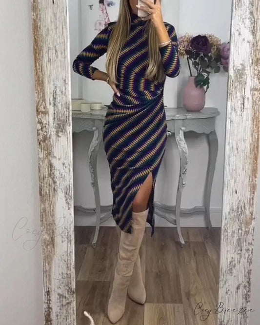 Striped High Neck Dress Blue / S