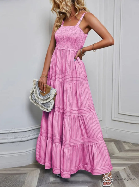 Striped Holiday Dress with Waist Strap S / Green