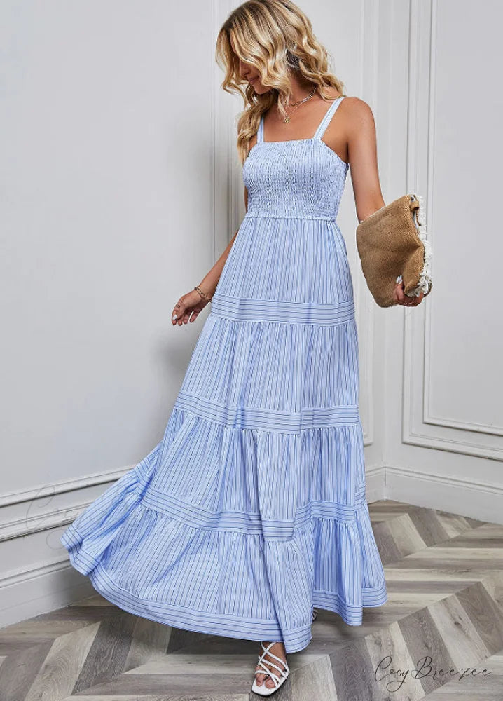 Striped Holiday Dress with Waist Strap S / Light Blue
