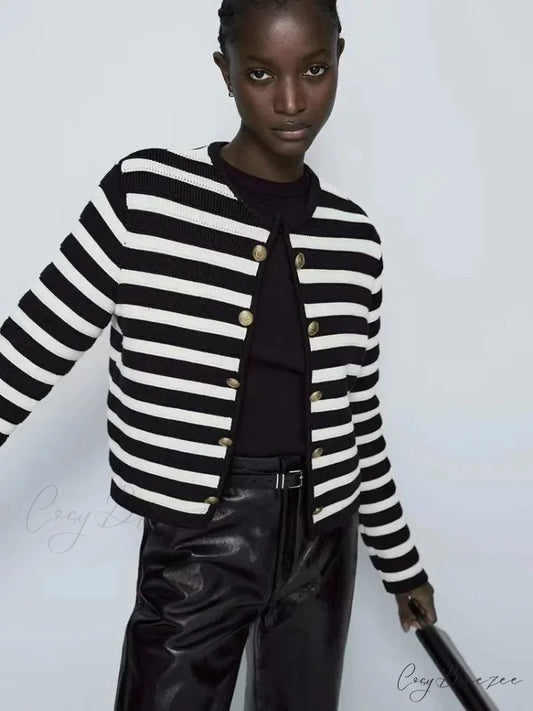 Striped Informal Classic Knit Cardigan Black / XS cardigans-241228