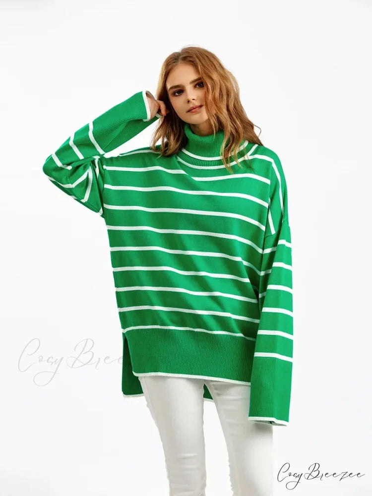 Striped Informal Heavy Black Sweater Green / One Size swraters-241228