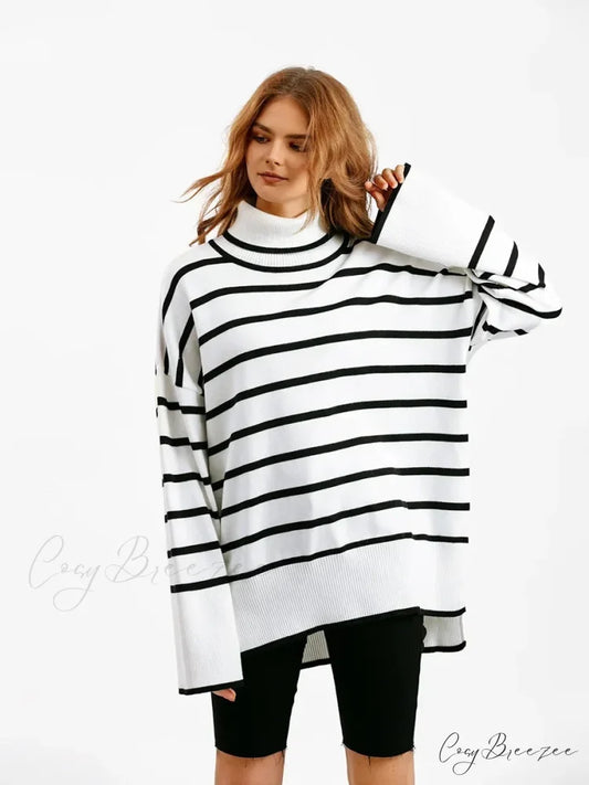 Striped Informal Heavy Black Sweater White / One Size swraters-241228
