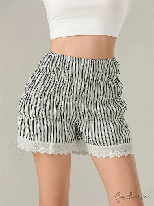 Striped Lace Lantern Ruched Shorts black / S short-250223