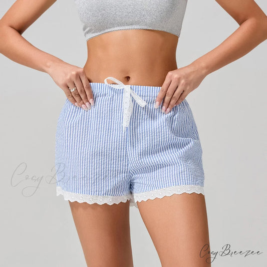 Striped Lace Trim Wide-Leg Shorts Blue / S short-250223