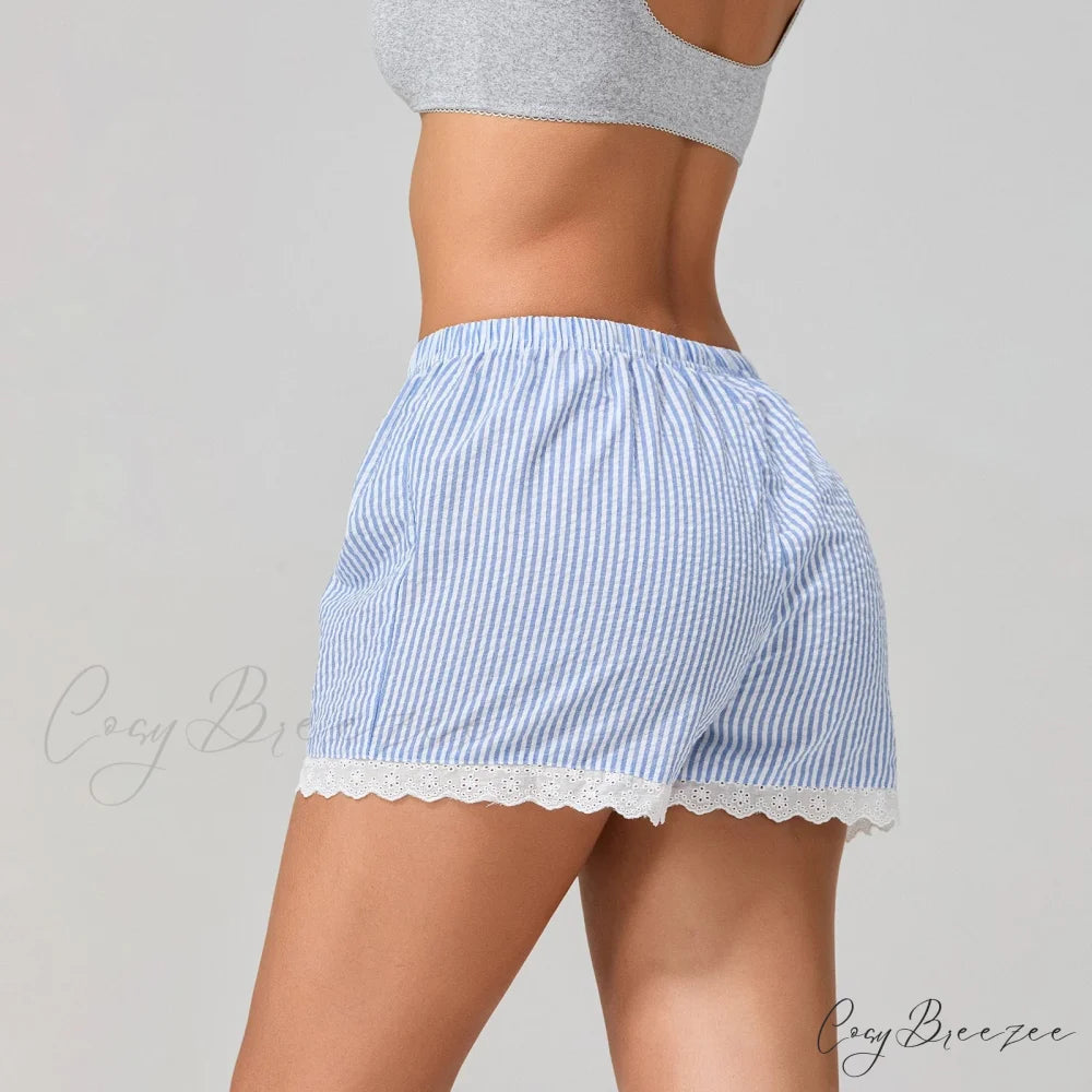 Striped Lace Trim Wide-Leg Shorts short-250223