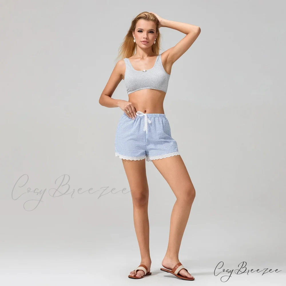 Striped Lace Trim Wide-Leg Shorts short-250223