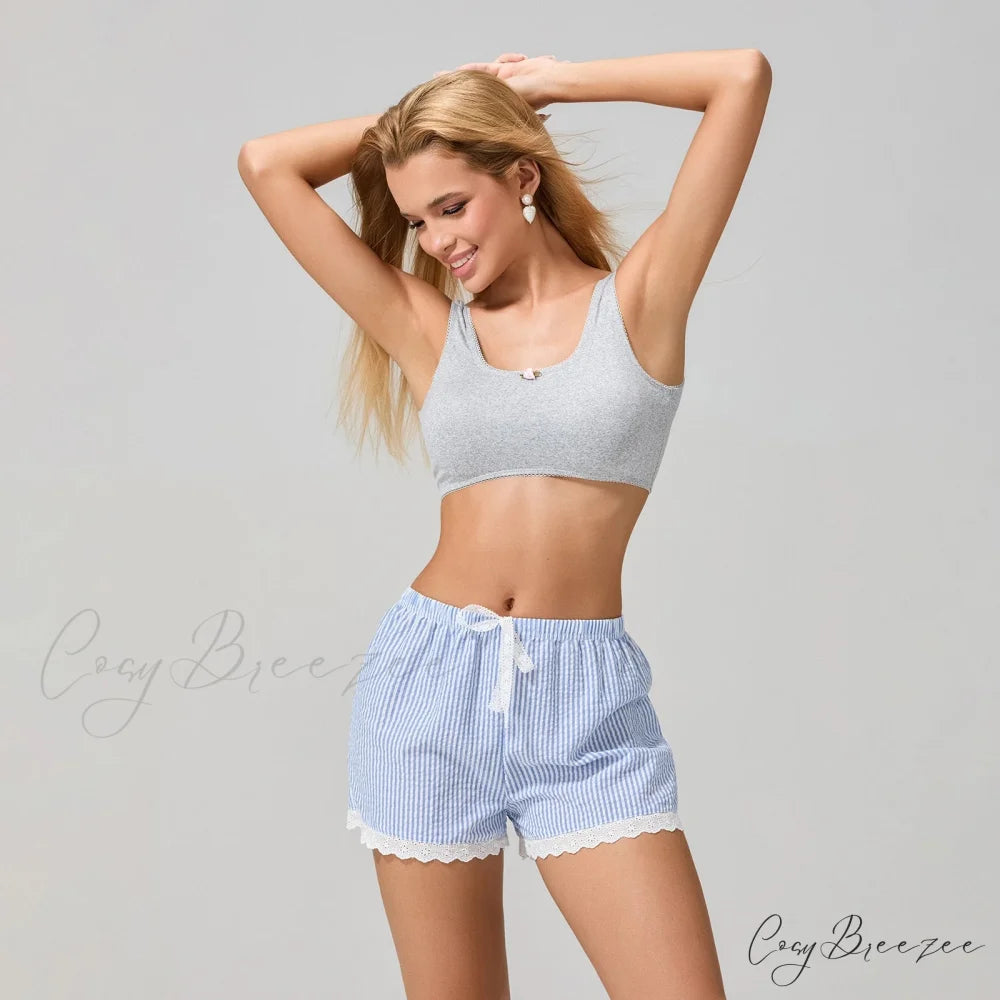Striped Lace Trim Wide-Leg Shorts short-250223