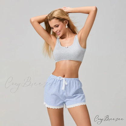 Striped Lace Trim Wide-Leg Shorts short-250223