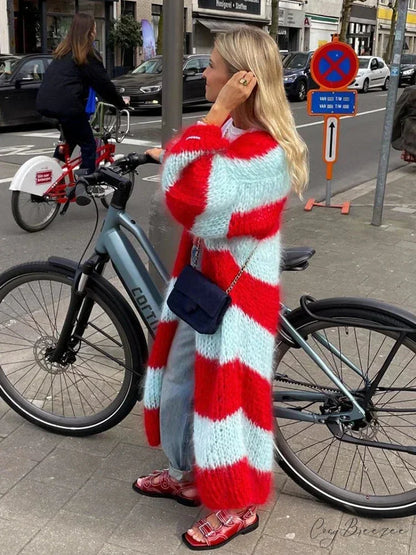 Striped Lantern Sleeve Oversized Cardigan Red / S cardigans-241228