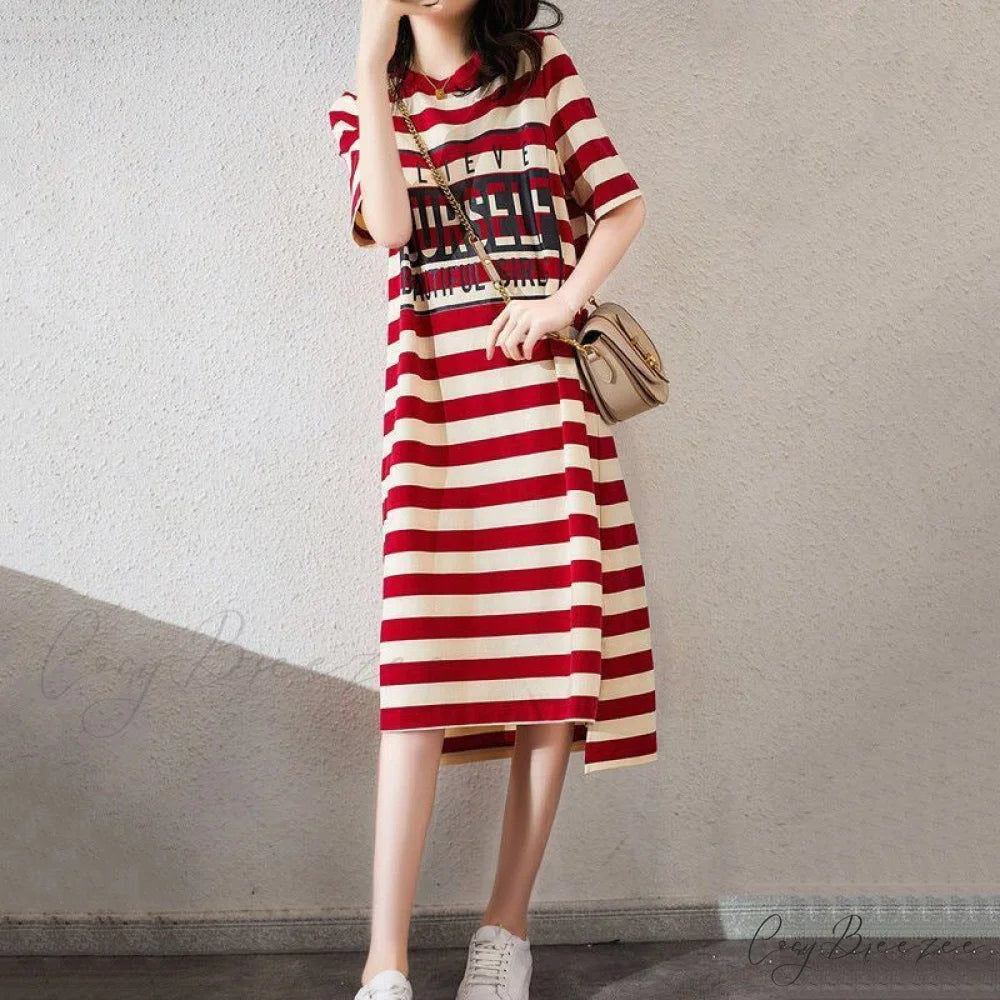 Striped Letter Print Long Shirt Dress L / Black