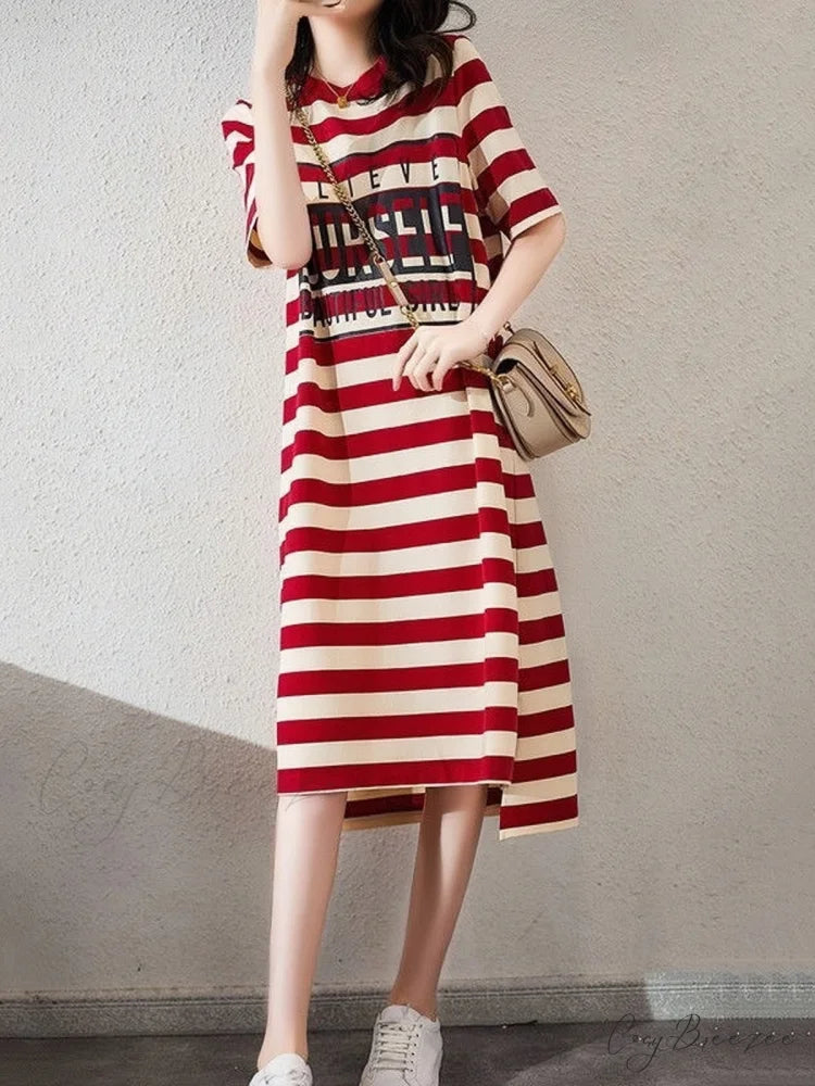 Striped Letter Print Long Shirt Dress L / Red
