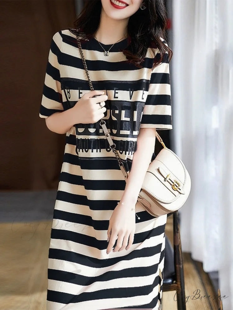 Striped Letter Print Long Shirt Dress M / Black