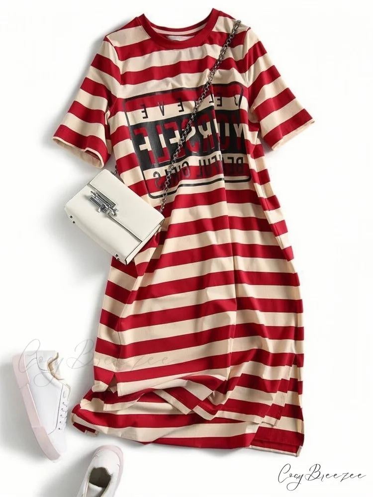 Striped Letter Print Long Shirt Dress M / Red
