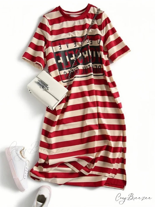 Striped Letter Print Long Shirt Dress M / Red